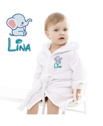 Baby and Toddler Cute Elephant Cartoon Design Embroidered Hooded Bathrobe in Contrast Color 100% Cotton